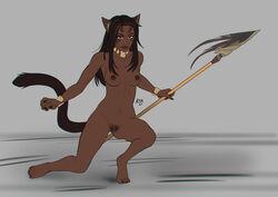1girls claws dark-skinned_female dark_skin female female_only feral final_fantasy final_fantasy_xiv miqo'te nude pubic_hair red_eyes solo spear tail