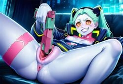 ai_generated breasts_out cyberpunk:_edgerunners cyberpunk_2077 dangerous_insertion gun gun_in_pussy legs_apart looking_at_viewer masturbation pussy pussy_juice rebecca_(edgerunners) smile trying_to_cum twintails wuthering_waves