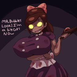 big_breasts bioshock bioshock_2 blood_stain bow english_text glowing_eyes iggy-bomb little_sister_(bioshock) solo speech_bubble text