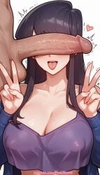 1boy 1girl 2026 ai_generated artist_name boobs breasts bust chest clothed_female_nude_male cock covered_nipples dick double_v double_w erection head_out_of_frame heart hetero hi_res high_quality highres komi-san_wa_komyushou_desu komi_shouko large_penis long_hair mosaic_censoring patreon patreon_username penis penis_awe penis_on_face pinkname precum purple_sweater sweater testicles tits tongue tongue_out trembling twitching_penis uncensored v veiny_penis w watermark