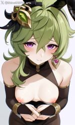 1girls ai_generated breasts collei_(genshin_impact) genshin_impact green_hair looking_at_viewer nipples playboy_bunny purple_eyes shineinsfw solo standing