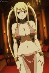 1girl ai_generated armlet bare_shoulders blonde_hair bracelet breasts brown_eyes candlelight choker cleavage collarbone cowboy_shot digitalwaifugallery earrings fairy_tail groin hi_res high_quality high_resolution indoors jewelry large_breasts long_hair looking_at_viewer lucy_heartfilia navel patreon pelvic_curtain seductive sexy solo standing stomach twintails uncensored underboob watermark