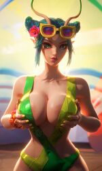 1girls 2026 ai_generated antennae_(anatomy) breasts cleavage female female_only grabbing_breasts grabbing_own_breast green_eyes green_hair mantis_(marvel) mantis_(marvel_rivals) mantis_(oceanic_harmony) marvel marvel_comics marvel_rivals painted_nails renanvp short_hair sunglasses sunglasses_on_head tied_hair yellow_fingernails yellow_nails
