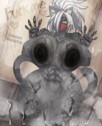 1girls abs anthro anthro_female ass big_ass big_breasts breasts breasts_against_glass dark-skinned_female female fuku_(humble_shark) glass humble_shark kunoichi looking_at_viewer mask masked masked_female ninja steamy tail thick_thighs watermark white_hair
