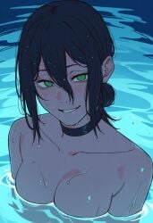 1girls ai_generated chainsaw_man green_eyes partially_submerged pool purple_hair reze_(chainsaw_man) tagme water
