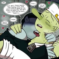 2boys begging begging_for_more bite bite_mark bite_marks biting biting_neck blue_skin blushing comic dialogue failed_pilot fan_art frottage frotting full_color gay gay_male gay_sex green_skin grinding hickey imp imp_inc kunaigirl licking licking_neck moaning no_visible_genitalia panting partially_clothed swearing sweat sweating