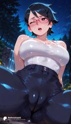 1girl 1girls absurd_res absurdres ai_generated arms_behind_back ass ass_visible_through_thighs bare_shoulders big_ass big_breasts black_eyes black_hair black_pants blush boruto:_naruto_next_generations breasts cameltoe cleavage collarbone female female_focus from_below glasses heart heart-shaped_pupils hi_res high-waist_pants high_quality high_resolution highres large_ass large_breasts looking_at_viewer naruto naruto_(series) naruto_shippuden nekromant night night_sky one_eye_closed open_mouth outdoors pants red-framed_eyewear sarada_uchiha shirt short_hair sitting sky solo solo_focus spread_legs star_(sky) starry_sky straight sweat symbol-shaped_pupils tank_top teeth thick_thighs thighs tight_clothes tight_pants tree uchiha_sarada upper_teeth_only wet white_tank_top wide_hips