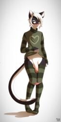 2016 anthro balls blush clothed clothing derpah feline fur girly hair hi_res legwear looking_at_viewer male mammal panties penis proby shy simple_background solo standing stockings thigh_highs underwear white_background