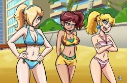 2026 3girls beach big_breasts bikini blonde_hair blue_bikini blue_earrings blue_eyes blue_swimsuit breasts brown_hair cleavage clothed clothed_female earrings female female_only flower_earrings hair_over_one_eye human light-skinned_female light_skin mario_(series) medium_hair multicolored_bikini multicolored_swimsuit multiple_girls nanus2 navel nintendo open_mouth outdoors outside ponytail princess_daisy princess_peach princess_rosalina print_bikini print_swimsuit short_hair smile star_earrings swimsuit tan-skinned_female tan_skin three-quarter_portrait trio