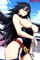 1girl ai_assisted ai_generated belt black_hair black_leotard blue_eyes boku_no_hero_academia breastless_clothes breasts breasts_out cameltoe cuffs day dominatrix domino_mask garter_straps grin hair_between_eyes handcuffs hero_outfit_(mha) large_breasts leotard long_hair looking_at_viewer mask midnight midnight_(my_hero_academia) mole mole_under_eye my_hero_academia nipples outdoors patreon sky smile solo stelmazura thighhighs