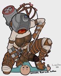 1boy 1girl artist_request big_balls big_breasts big_penis big_sister_(bioshock) bigger_female bioshock bioshock_2 diving_suit futanari helmet huge_cock male nipples size_difference