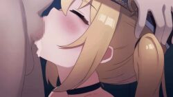 1boy animated black_choker blonde_hair blush censored choker closed_eyes commentary cum cum_in_mouth cum_overflow cumdrip deepthroat english_commentary fellatio female from_side hand_on_another's_head head_grab irrumatio kamuo long_hair luciana_de_montefio moaning mosaic_censoring oral penis solo_focus straight swallowing tagme testicles ugoira video zenless_zone_zero