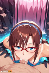 1boy 1boy1girl 1girls ai_generated black_gloves blowjob_focus blue_eyes blush breasts brown_hair cum cum_in_mouth cum_on_hair cum_overflow facial fellatio female glasses gloves hairband hetero hi_res long_hair looking_at_viewer makinami_mari_illustrious mari_illustrious_makinami medium_breasts neon_genesis_evangelion nipples nude oral penis plugsuit pov red-framed_eyewear rule34lab solo_focus tan tanlines water wet