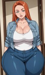 ai_generated atom_eve bbw boobs chubby curvaceous curvy curvy_figure denim_clothing fat_ass green_eyes houseofwaifu huge_breasts invincible orange_hair plus_size solo tank_top thick thick_hips thick_legs wide_hips wide_thighs