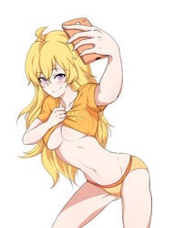 ahoge blonde_hair blush breasts character_name cleavage female groin groin_tendon highres hollowgom leaning_forward long_hair medium_breasts navel panties purple_eyes rwby selfie_pose shirt_lift solo underboob underwear white_background yang_xiao_long