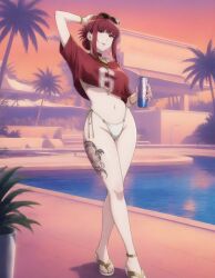 1girls ai_generated big_breasts crop_top crossover red_hair super_no_ura_de_yani_suu_futari tayama_(super_no_ura_de_yani_suu_futari) thick_thighs vice_city_cover_girl white_thong