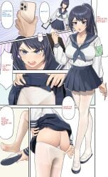 1boy 1girls class_president female holding_phone hyouuma hypnosis male school_uniform soles undressing white_stockings