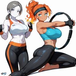 2girls ai_generated aqua_eyes ass bare_shoulders barefoot black_gloves black_headband black_pants blue_eyes blue_sports_bra bra breasts capri_pants cleavage closed_mouth clothing colored_skin cosplay costume_switch crop_top dark-skinned_female dark_skin exercise feet female fiery_hair fingerless_gloves gloves grey_eyes grey_hair grey_skin headband holding large_breasts leggings long_hair looking_at_viewer midriff multiple_girls navel orange_hair pale_skin pants ponytail ring_fit_adventure ring_fit_trainee_(female) simple_background smile spandex sports_bra stretching sweat thick_eyebrows thighs third-party_edit tight_clothes tight_pants white_background white_skin white_sports_bra wii_fit wii_fit_trainer wii_fit_trainer_(female) yoga_pants