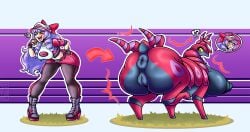 all_fours anus asshole bad_end before_and_after bug cap chitin donut_anus dr_wahee drill_hair feral green_eyes grin hooves horns huge_ass huge_breasts human_to_feral jacket kodou-sama_(cownon) large_breasts laughing lavender_hair long_eyelashes long_hair massive_ass nipples ojou-sama original pokeball pokemon pokemon_trainer scolipede smug surprised tagme tail transformation