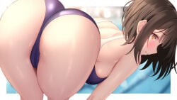 1girls ass bent_forward bent_over blush bob_cut breasts brown_hair cameltoe female female_only from_behind hanging_breasts highres large_breasts looking_at_viewer looking_back original poolside shiun short_hair straight_hair swimsuit