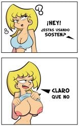 1girls areolae belly_button bikini blonde_female blonde_hair blue_bikini bra_strap_is_showing_(meme) breasts cleavage female female_focus female_only large_breasts light-skinned_female light_skin lori_loud meme naked naked_female nickelodeon nicktoons nipples open_mouth revealing_breasts simple_background smile solo solo_female solo_focus spanish_text teenage_girl teenager the_loud_house trece-013 white_background