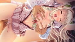 1boy areolae asahina_konomi blonde_hair blood blush bow bra bra_lift breast_grab breasts censored cherry closed_eyes cum cum_in_pussy cum_on_breasts doggy_style erection female game_cg green_bow green_panties guilty hair_ornament hairbow hanging_breasts large_breasts long_hair mosaic_censoring nipples open_clothes open_mouth open_shirt panties penis pussy rape school_uniform sex straight sweat toriko_no_kusari underwear vaginal_penetration virgin