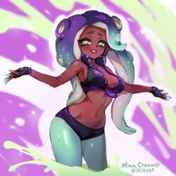1girls 2025 artist_name bare_shoulders black_gloves breasts cephalopod_eyes cephalopod_humanoid cleavage clothed clothed_female crop_top dark-skinned_female dark_skin dated female female_only fingerless_gloves gloves humanoid looking_at_viewer marina_(splatoon) medium_breasts minacream navel navel_piercing nintendo octoling octoling_girl piercing smile solo splatoon tentacle_hair three-quarter_portrait unzipped very_long_hair zipper zipper_pull_tab
