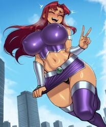 11_22 ai_generated big_breasts black_panties blush city closed_eyes corruption covered_nipples crop_top day dc dc_comics embarrassed female flying from_below huge_breasts hypnosis large_breasts long_hair midriff mind_control nervous_smile open_mouth pantyshot peace_sign purple_skirt red_hair skirt skirt_tug starfire sweat teen_titans thick_thighs thigh_boots upskirt v wide_hips