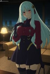 1girl ai_generated ascot black_gloves black_skirt black_thighhighs blush breasts city_lights cityscape closed_mouth couch digitalwaifugallery fate_(series) garter_straps gloves hair_ornament hi_res high-waist_skirt high_quality high_resolution indoors large_breasts long_hair looking_at_viewer night patreon philia red_eyes red_shirt seductive sexy shirt skirt solo thighhighs uncensored watermark white_hair window