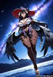 1girl ai_assisted ai_generated albedo albedo_(overlord) black_hair black_wings breasts cleavage curvaceous curvy curvy_female curvy_figure earth feathered_wings female full_body hat large_breasts long_hair looking_at_viewer miyuai night night_sky outdoors overlord_(maruyama) patreon_logo planet santa_hat shooting_star sky slit_pupils smile solo space star_(sky) star_(symbol) star_print starry_sky starry_sky_print thick thick_ass thick_butt thick_hips thick_legs thick_thighs thighhighs thighs very_long_hair voluptuous voluptuous_female wide_hips wide_thighs wings yellow_eyes