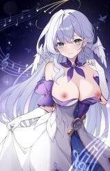 1girls areolae artist_request breasts breasts_out dress female_focus female_only halo honkai:_star_rail large_breasts long_gloves long_hair musical_note nipples robin_(honkai:_star_rail) solo solo_female wings