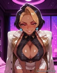 1girl 2026 ai_generated anime black_hair blizzard_entertainment blonde_hair blush boobs bracelet breasts brown_eyes cleavage cleavage_cutout clothing_cutout coat covered_nipples crossover dark-skinned_female dark_skin domina domina_(overwatch) earrings eye_contact female female_focus flushed grin highres huge_breasts indoors inside jacket jacket_on_shoulders jewelry large_breasts leaning_forward looking_at_viewer makeup multicolored_hair nsfw overwatch patreon patreon_username rognezart shiny shiny_skin shirt short_hair skirt sleeveless smile smiling solo two-tone_hair white_jacket white_skirt