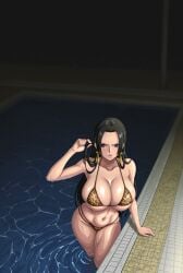 1girls ai_generated big_boobs big_breasts bikini black_hair blue_eyes boa_hancock curvy curvy_body curvy_female curvy_figure earrings female female_only huge_breasts kyoru189 large_breasts leopard_print light-skinned_female light_skin mature_female night one_piece pool shiny shiny_skin solo solo_female summer