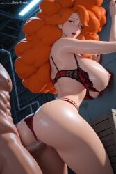 1girl ai_generated ass bent_over blue_eyes blush bra breasts cartoon_network hetero hi_res high_quality high_resolution large_breasts long_hair looking_at_viewer nipples open_mouth orange_hair panties patreon penis red_panties sara_bellum seductive sexy solo_focus spicytoonai sweat uncensored underwear watermark web_address