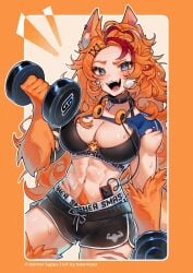1girl 1girls abs ahoge animal_ears black_collar black_shorts black_sports_bra blue_eyes blue_shirt bone_hair_ornament breasts buffpup_(vtuber) collar dolphin_shorts dumbbell exercising fangs female gamer_supps hair_ornament headphones headphones_around_neck highres holding holding_dumbbell large_breasts multicolored_hair muscle_mommy muscular muscular_female navel official_art orange_fur orange_hair red_hair red_streaks scar scar_on_breast scar_on_leg shirt shorts solo sports_bra sportswear streaked_hair sweat tail thighs torn_clothes torn_shirt virtual_youtuber vtuber wolf_ears wolf_girl wolf_paws wolf_tail