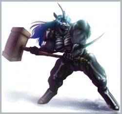 blue_hair breasts female hair hammer horse long_hair muscular_female weapon