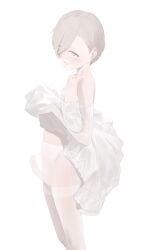 1boy absurdres bulge commentary_request crossdressing crossdressing_(mtf) dress erection erection_under_clothes grey_eyes hair_between_eyes hair_ornament hairclip hanamaru_sensei highres looking_afar male_focus original pantyhose penis see-through_clothes see-through_pantyhose short_hair silhouette testicles trap white_background white_dress white_pantyhose