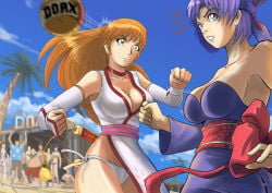 2girls ayane_(doa) beach beach_volleyball big_breasts blue_sky breasts breasts_out brown_eyes brown_hair dead_or_alive dead_or_alive_xtreme_beach_volleyball dress exposed_breasts female japanese_clothes kasumi_(doa) kunoichi large_breasts long_hair multiple_girls ninja obi panties pantyshot pantyshot_(standing) ponytail purple_dress purple_eyes purple_hair short_hair side_tie_panties sword thighhighs underwear upskirt volleyball white_dress white_panties white_thighhighs white_underwear
