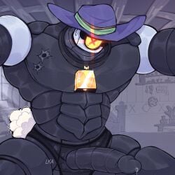 bullet_hole bunny_tail cowbell cowboy_hat lakari_art looking_at_viewer male_only muscular rico_(brawl_stars) robot tagme underwear_only