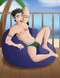 1boy armpit_hair bean_bag bean_bag_chair beanbag big_pecs bulge bulge_through_clothing bulge_through_underwear bulge_under_clothes daria hairy_armpits male male_only painted_nails painted_toenails pecs solo solo_focus solo_male tattoos trent_lane