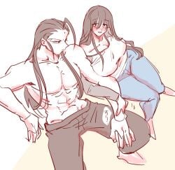 1boy1girl blush crotch_cutout feng_kowloon huge_breasts izumo_fuuko kosasa17 long_hair undead_unluck
