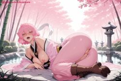 1girl ai_generated bare_shoulders blush boots breasts cherry_blossoms day hi_res high_quality high_resolution japanese_clothes jigokuraku kimono kiraamane large_breasts lying masturbation nipples on_side open_mouth outdoors patreon petals pink_hair pink_kimono pussy saigyouji_yuyuko seductive sexy solo spring_(season) sword tao_fa tree uncensored watermark weapon wide_sleeves