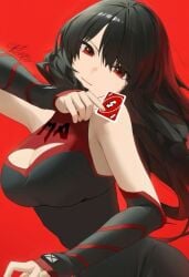 black_hair cleavage colored discord red_background red_eyes uno_card
