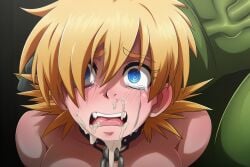 1girl after_oral ai_generated blue_eyes blush chains collar cum_on_face face_focus hellsing orc scared seras_victoria slave tears