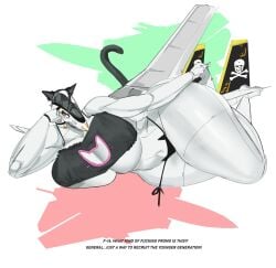 1girls aeromorph aircraft big_ass big_breasts big_thighs blue_eyes blushing breasts cat_ears cat_girl cat_tail dialogue embarrassed eyelashes f-14 female_focus female_only fighter_jet highres humanoid large_ass non-human panties quattrant skull_marking sweatdrop thick_thighs voluptuous white_skin