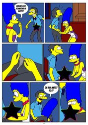 adultery apron blue_hair censored comic english_text eyelashes grey_hair hetero marge_simpson moe_szyslak necklace open_mouth oral star_censor straight the_simpsons unzipped yellow_skin