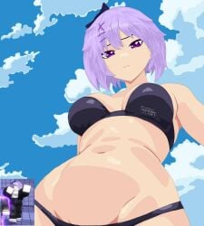 1girl almost_nude areolae beach beach_background blue_sky bra breasts cute female female_focus female_only female_public_hair human looking_at_viewer looking_down_at_viewer medium_breasts medium_hair outdoors purple_eyes purple_hair riu_chan roblox roblox_game roblox_is_unbreakable robloxian sexy smile solo standing