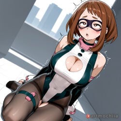 1girl ahegao ai_generated anime artmochiia bare_shoulders big_breasts black_pantyhose blush boku_no_hero_academia breasts brown_eyes brown_hair brown_pantyhose cleavage cleavage_cutout clothing_cutout collar covered_navel curvaceous curvaceous_female curvaceous_figure curvy curvy_figure domino_mask drooling dutch_angle elbow_gloves eye_mask fanart female female_focus fingerless_gloves gloves heart heart-shaped_pupils highleg highleg_leotard large_breasts leotard mask my_hero_academia no_shoes ochaco_uraraka open_mouth pantyhose remote_control_vibrator rolling_eyes saliva sex_toy short_hair sidelocks sitting solo sweat symbol-shaped_pupils teeth thigh_strap thighs torn_clothes torn_pantyhose trembling uncensored uraraka_ochako vibrator vibrator_cord voluptuous voluptuous_female wariza white_leotard