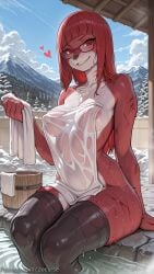 1girl ai_generated animal_ears bench blonde_hair blue_eyes bra breasts cross cross_necklace cum cum_on_body decurse facial furry furry_female furry_with_non-furry hand_on_own_face hetero jewelry looking_at_viewer medium_breasts naruto_(series) navel necklace short_hair sitting smile solo thighhighs underwear uzumaki_karin white_bra white_thighhighs