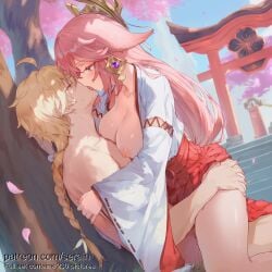 1boy 1girl 2026 aether ahoge ai_generated animal_ears anime blonde_hair blush braid breasts breasts_out cherry_blossoms clothed_sex collarbone earrings fox_ears french_kiss genshin_impact girl_on_top hair_ornament hetero highres japanese_clothes jewelry kiss large_breasts long_hair long_sleeves looking_at_another miko nipples nsfw outdoors pink_hair purple_eyes serain sex skirt straddling sweat thighs tongue tongue_out tree uncensored wide_sleeves yae_miko